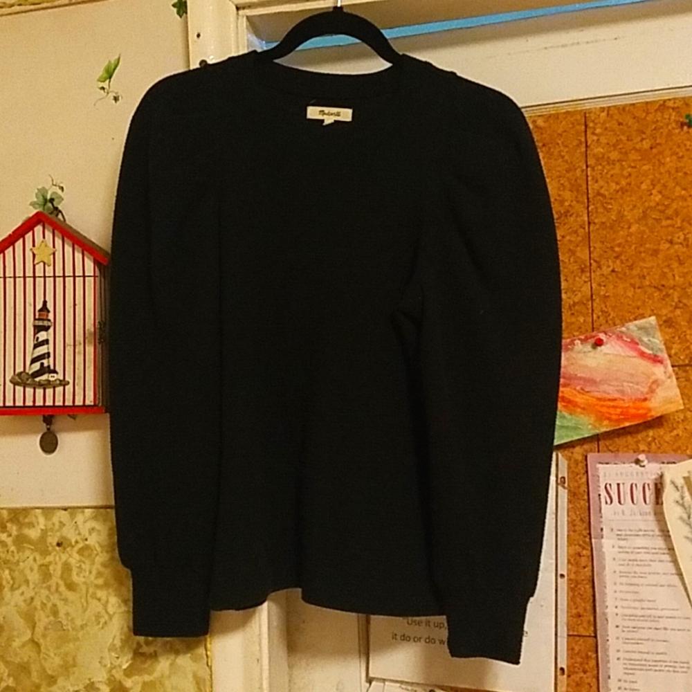 MADEWELL Puffed Sleeves Ribbed in Black, Women's Size:S